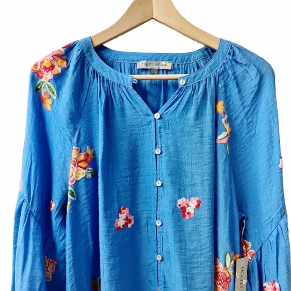 Figueroa & Flower Womens Embroidered Blouse SIZE Large Blue Balloon Sleeves NEW - Picture 5 of 14
